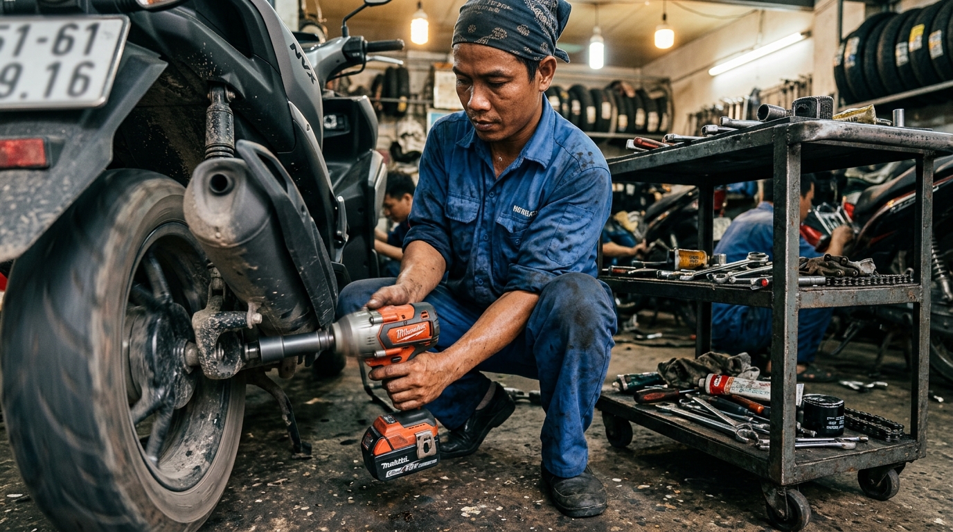 Thợ cơ khí sửa xe máy tại xưởng dùng máy siết bu-lông mở ốc bánh sau xe tay ga